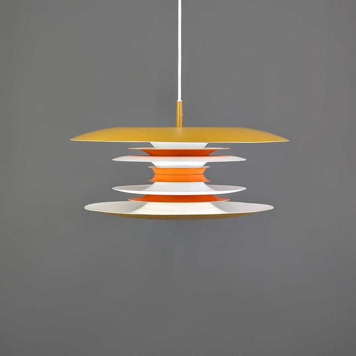 Deense hanglamp oranje en khaki – Belid Diablo, Huis en Inrichting, Lampen | Hanglampen, Zo goed als nieuw, 75 cm of meer, Kunststof