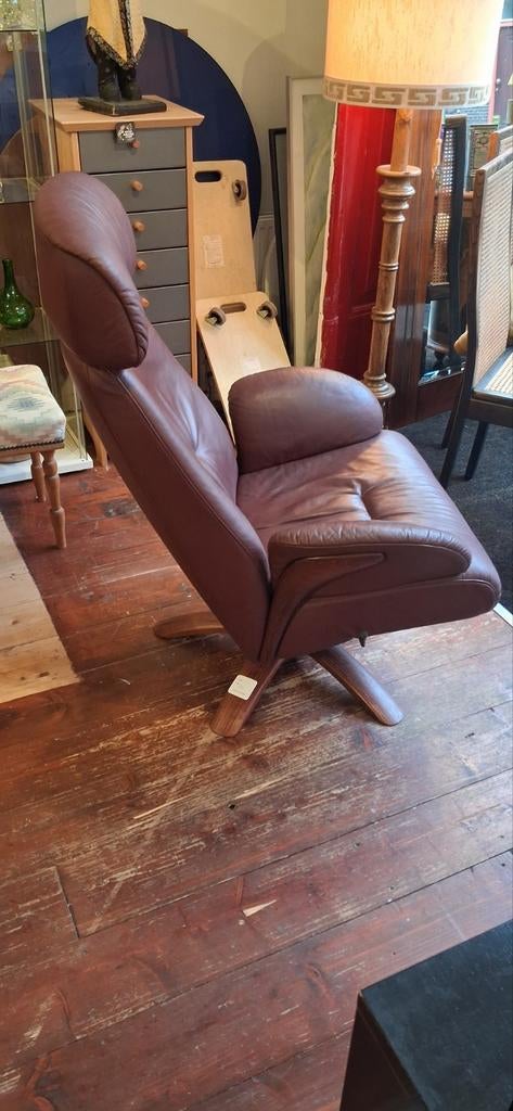 Vintage Modi Skand Leren Fauteuil - Draaibaar & Verstelbaar, Huis en Inrichting, Fauteuils, Gebruikt, Hout, Leer, 75 tot 100 cm