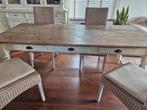 Landelijke, grenen tafel met 4 rieten stoelen - White Wash, Ophalen, Gebruikt, 200 cm of meer, 50 tot 100 cm