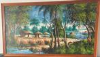 Afrikaans olieverf schilderij - Dorp aan de rivier, Antiek en Kunst, Ophalen of Verzenden