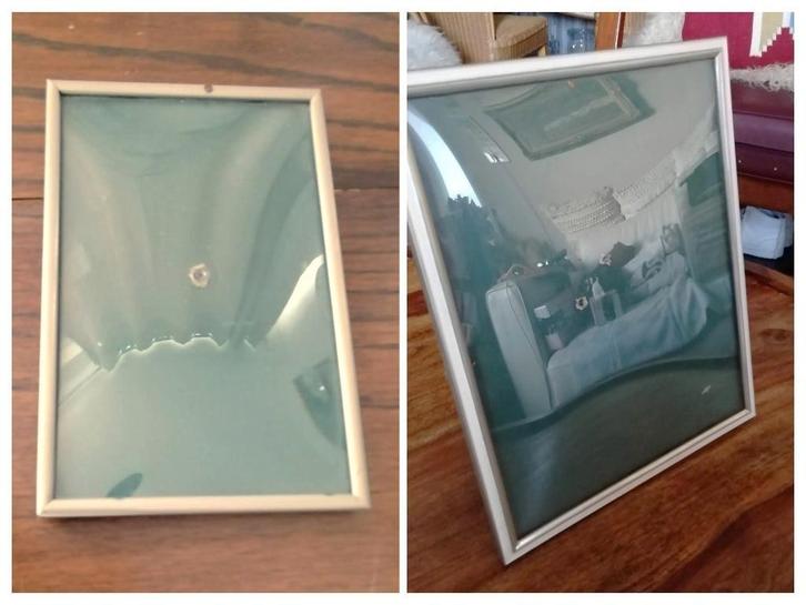 Twee vintage fotolijstjes met bol glas metaal zilverkleurig, Antiek en Kunst, Curiosa en Brocante, Ophalen of Verzenden
