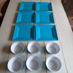 6 melamine vierkante borden 26x26cm en grote kommen 14 cm, Ophalen of Verzenden, Gebruikt