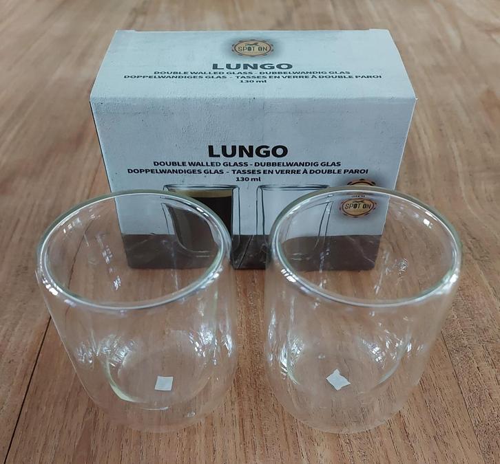 2 luxe dubbelwandige glazen van Lungo, Huis en Inrichting, Keuken | Servies, Nieuw, Glas of Glazen, Overige stijlen, Overige materialen