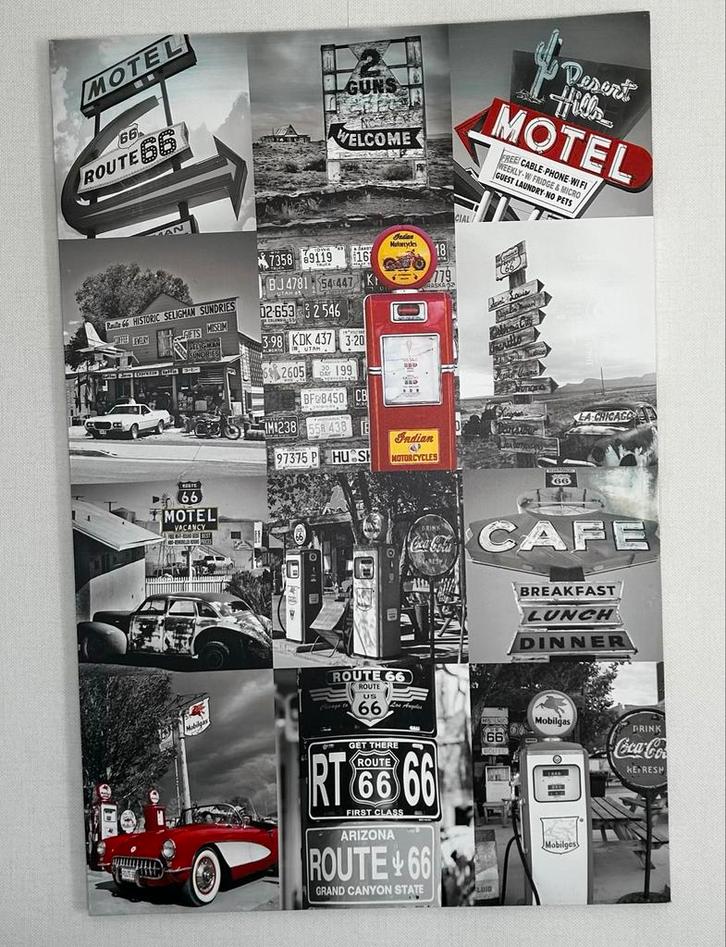 Route 66 Canvas - Zwart Wit met Rood Accent, Huis en Inrichting, Woonaccessoires | Schilderijen, Tekeningen en Foto's, Gebruikt