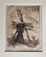 Ets poldermolen in landschap, Ophalen of Verzenden
