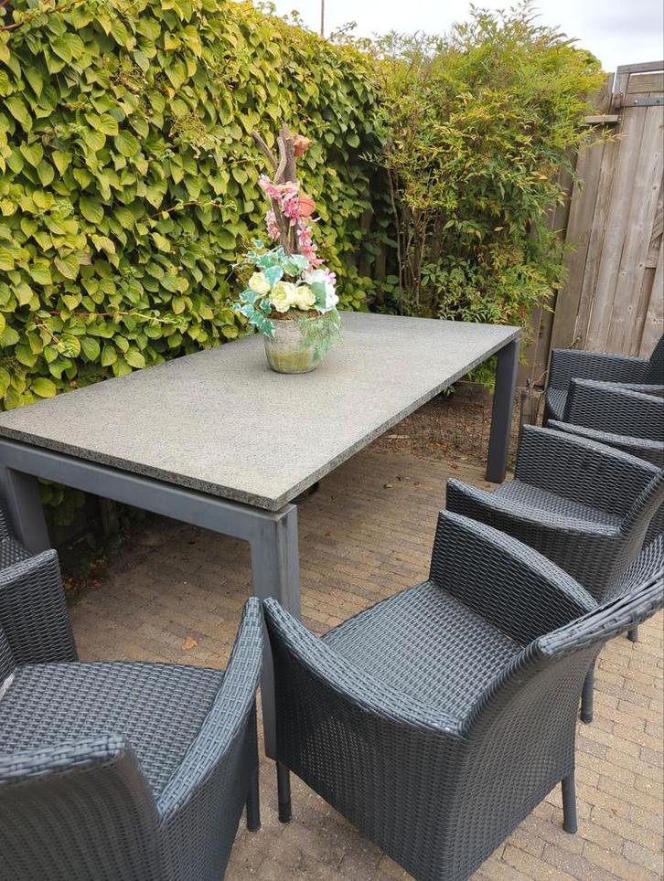 Granieten Tuintafel met 6 Stoelen, Tuin en Terras, Tuinsets en Loungesets, Gebruikt, Tuinset, Kunststof, 6 zitplaatsen, Eettafel