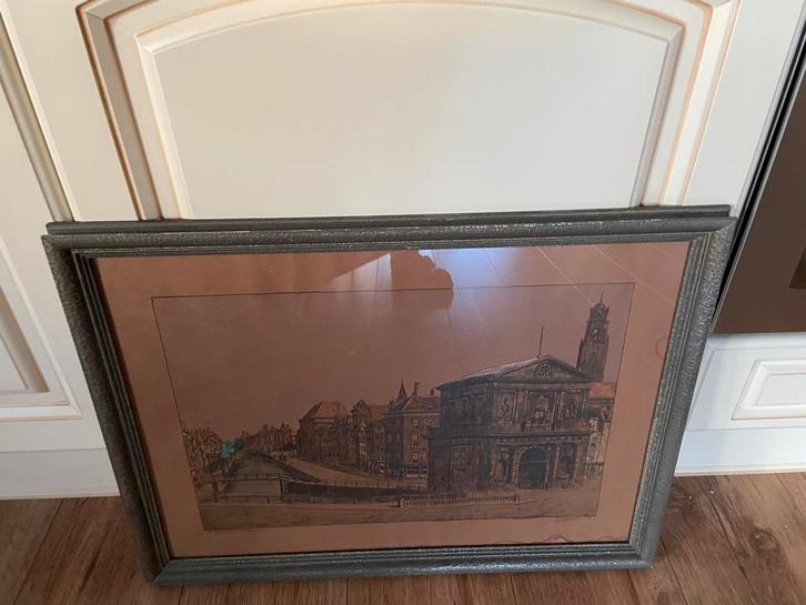 Antieke Pentekening - Stadsgezicht 1940, Antiek en Kunst, Kunst | Etsen en Gravures, Ophalen