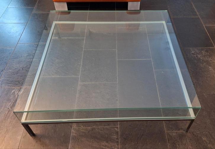 Glazen salontafel op RVS frame, Huis en Inrichting, Tafels | Salontafels, Zo goed als nieuw, Minder dan 50 cm, 50 tot 100 cm, 100 tot 150 cm