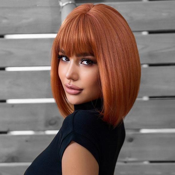 Pruik kort oranje steil haar in bob model met pony, Sieraden, Tassen en Uiterlijk, Uiterlijk | Haarverzorging, Nieuw, Pruik of Haarverlenging