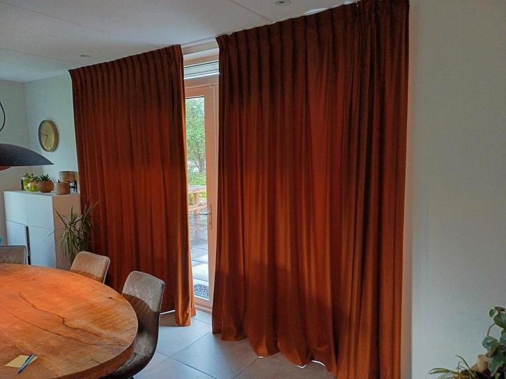 Gordijnen okergeel/bruine look, Huis en Inrichting, Stoffering | Gordijnen en Lamellen, Zo goed als nieuw, 200 cm of meer, 200 cm of meer
