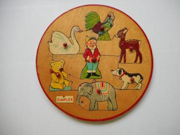 Vintage houten ronde puzzel Simplex. Dieren en kabouter.     beschikbaar voor biedingen