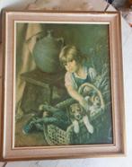 F. Ribera vintage schilderij prent meisje hondjes, Antiek en Kunst, Ophalen of Verzenden