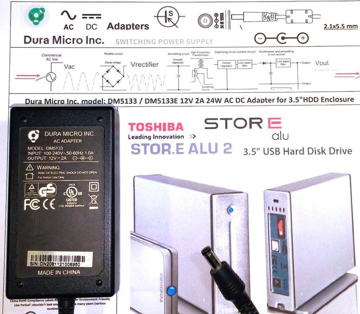 Dura Micro DM5133 12V 2A 24W Adapter Toshiba STORE.E ALU 2, Computers en Software, Pc- en Netwerkkabels, Zo goed als nieuw, Ophalen of Verzenden