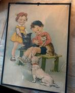 Vintage prentje met kinderen en hondjes, Antiek en Kunst, Ophalen of Verzenden