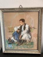 Pastel Schilderij Landarbeider met Zeis in Lijst met Glas  (, Antiek en Kunst, Ophalen of Verzenden