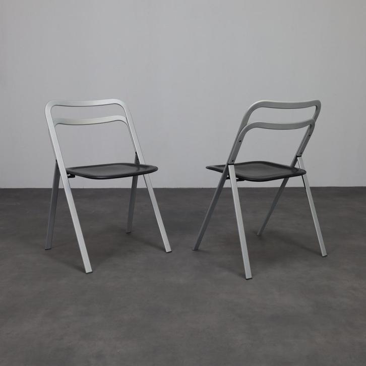 Pair of Cidue Leather Folding Chairs, Italy, 1970s, Huis en Inrichting, Stoelen, Gebruikt, Twee, Leer, Metaal, Ophalen