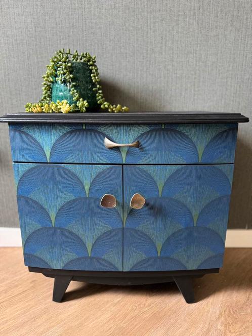 Vintage retro kastje / nachtkastje / gangkastje met print, Huis en Inrichting, Kasten | Overige, Zo goed als nieuw, Ophalen