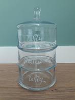 Glazen voorraadpot stapelbaar driedelig glas met tekst NIEUW, Ophalen, Nieuw, Glas