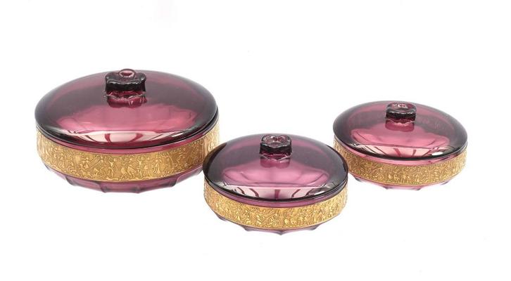 3 Paarse deksel schalen bonbonnieres Walther & Sohne oa 20cm, Antiek en Kunst, Antiek | Glas en Kristal, Ophalen of Verzenden
