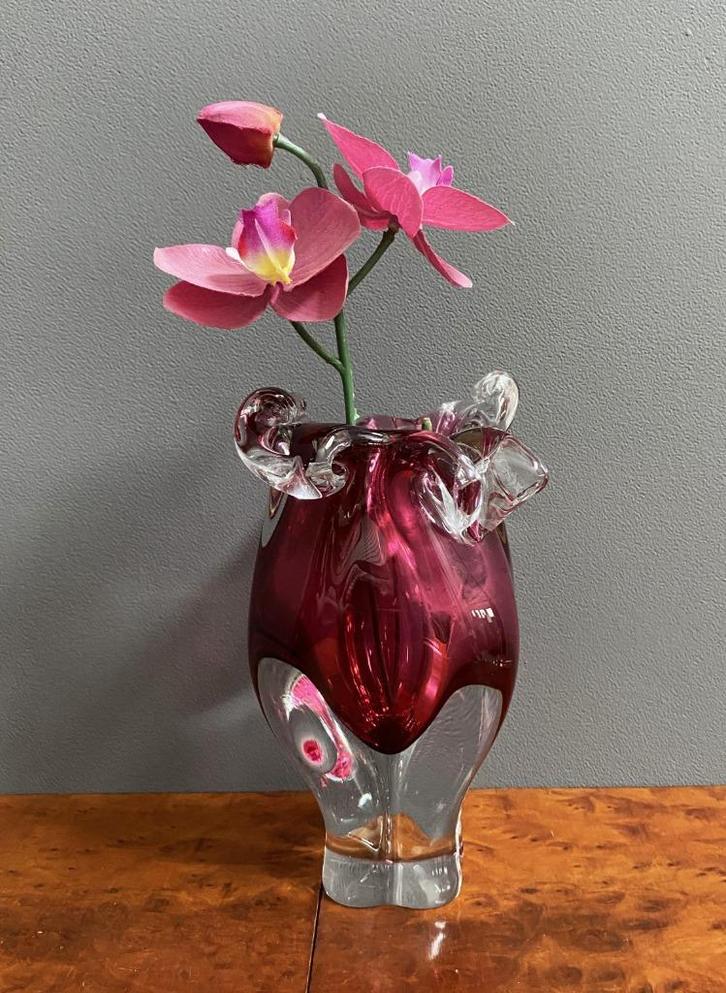 60 jaren roze transparante vaas Josef Hospodka bloem model, Huis en Inrichting, Woonaccessoires | Vazen, Gebruikt, Overige kleuren