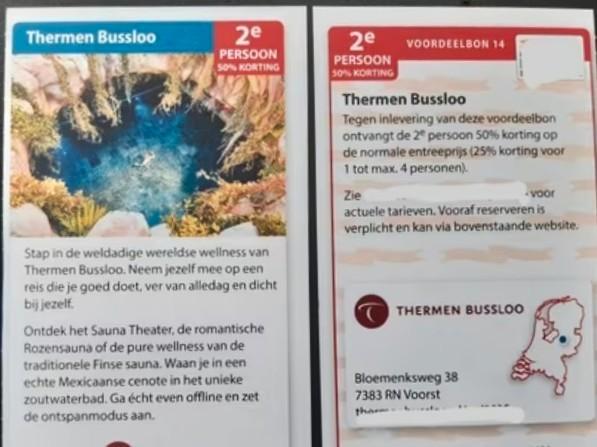 Thermen Bussloo 2e persoon 50% korting, Tickets en Kaartjes, Kortingen en Cadeaubonnen, Drie personen of meer, Spa of Sauna, Kortingsbon