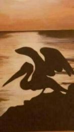 groot Olieverf doek pelikaan silhouet gesigneerd M v T, Antiek en Kunst, Kunst | Schilderijen | Klassiek, Ophalen