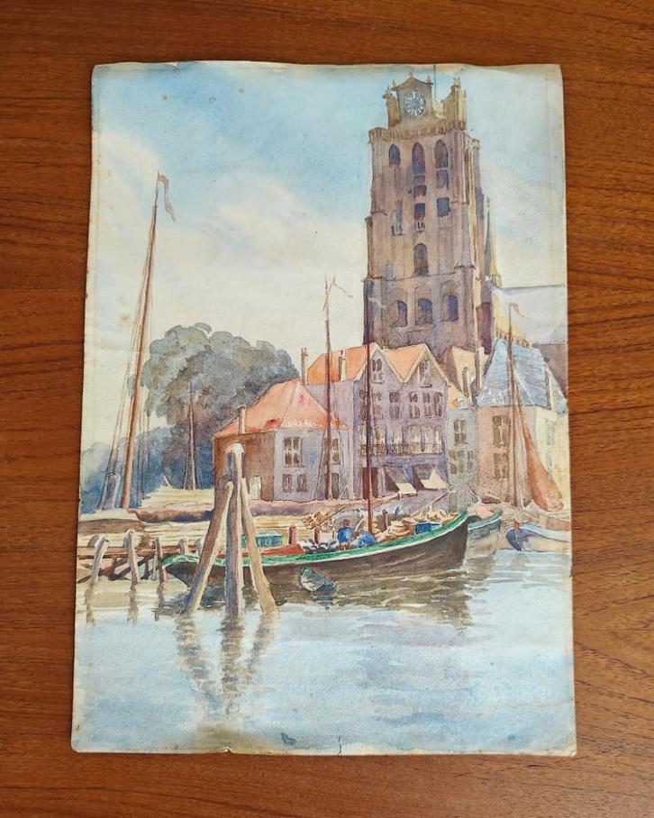 Aquarel Grote Kerk Dordrecht 23,4 x 35 cm, Huis en Inrichting, Woonaccessoires | Schilderijen, Tekeningen en Foto's, Gebruikt