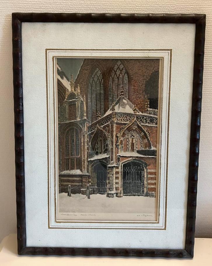 Prachtig ingelijst detail van oude kerk Amsterdam in kleur, Antiek en Kunst, Kunst | Etsen en Gravures, Ophalen