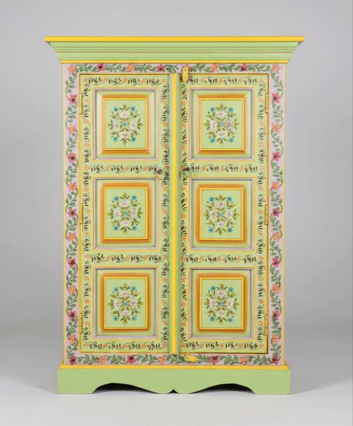 Vintage handbeschilderde mango houten meidenkast linnenkast, Antiek en Kunst, Curiosa en Brocante, Ophalen of Verzenden