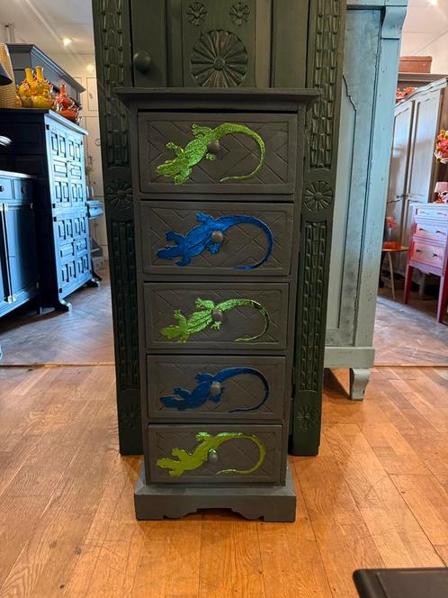 Uniek ladekastje salamander, 5-laads kastje blauw groen VdlM, Huis en Inrichting, Kasten | Ladekasten, Zo goed als nieuw, 100 tot 150 cm
