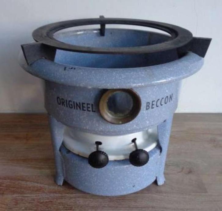 Beccon 2-pits petroleumstel, oliestel grijs gewolkt, Antiek en Kunst, Antiek | Emaille, Ophalen of Verzenden