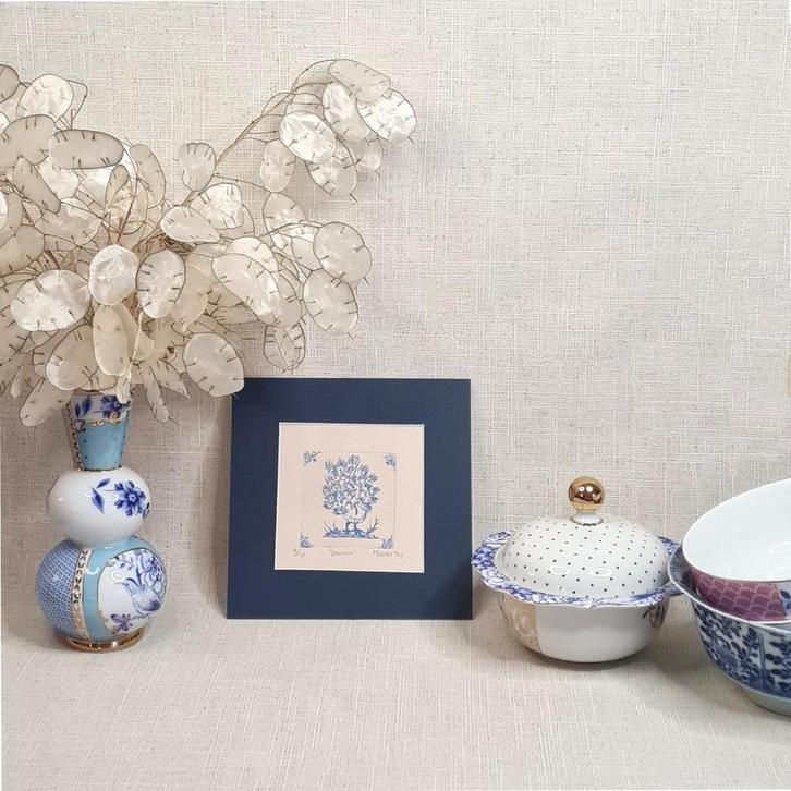 Print pauw, blauw passe partout 15x15, handgemaakt, Huis en Inrichting, Woonaccessoires | Schilderijen, Tekeningen en Foto's, Nieuw