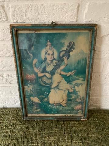 Vintage Antieke Prent Hindu Godin Sri Saraswati Sarasvati beschikbaar voor biedingen