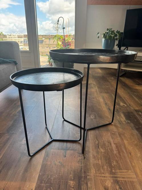 2 J-line bijzettafels houtmetaal donkerbruin, Huis en Inrichting, Tafels | Bijzettafels, Nieuw, Rond, Minder dan 55 cm, Hout, Ophalen