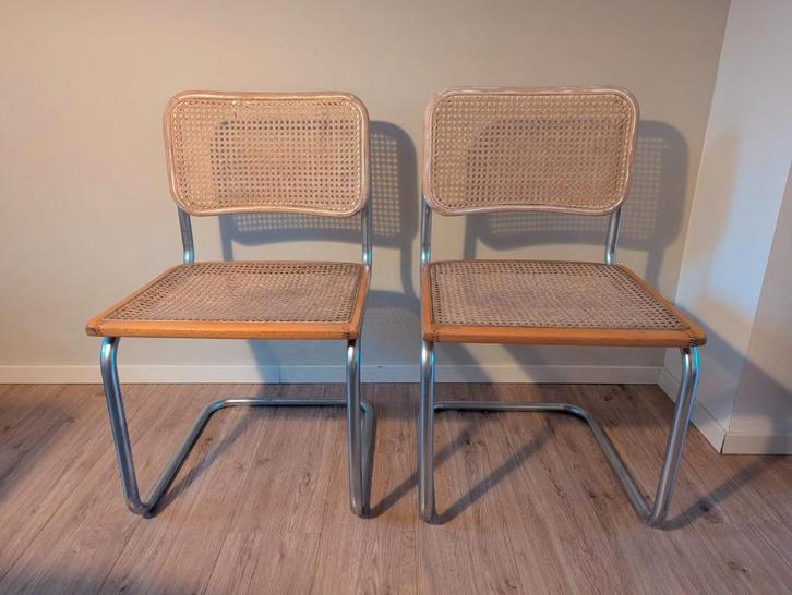 4 vintage rotan stoelen (Cesca-stijl), Huis en Inrichting, Stoelen, Gebruikt, Vier, Hout, Riet of Rotan, Bruin, Ophalen