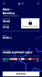 Ajax - Benfica 2 kaarten Vak 425, Losse kaart, Twee personen, November, Europa of Champions League