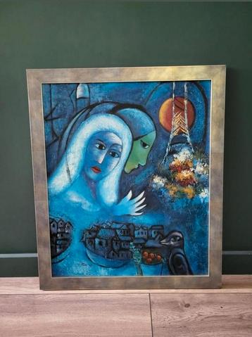 Sfeervol schilderij in Chagall stijl. Zilver, blauw beschikbaar voor biedingen