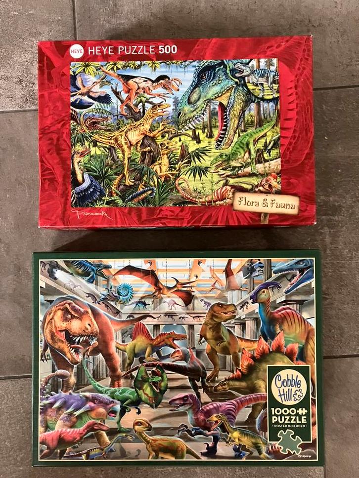 2 x legpuzzel Heye / Cobble Hill - dinosaurus, Hobby en Vrije tijd, Denksport en Puzzels, Zo goed als nieuw, Legpuzzel, 500 t/m 1500 stukjes