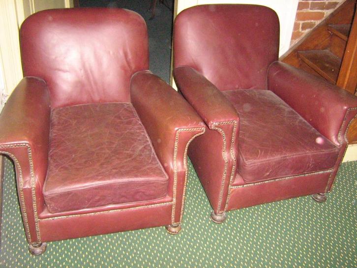 2 leren clubfauteuils, Huis en Inrichting, Fauteuils, Gebruikt, Leer, 50 tot 75 cm, 75 tot 100 cm, Ophalen