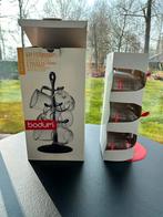 Hippe rode standaard met 6 Bodum thee/soep glazen, Glas of Glazen, Ophalen of Verzenden, Overige stijlen, Glas