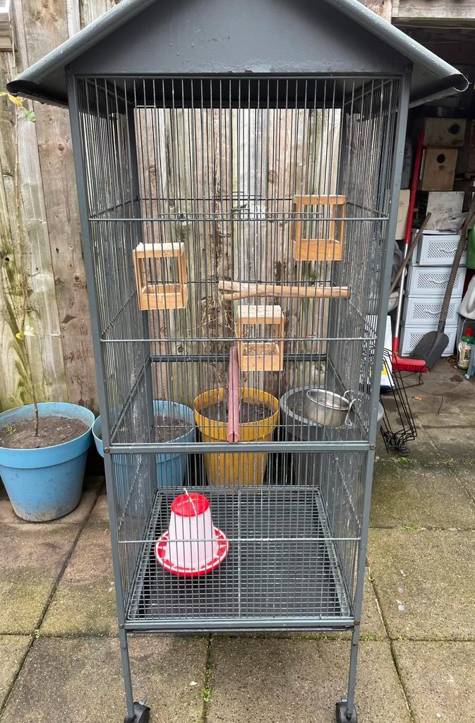 Mooi grote gebruikte vogelkooi met nestkastjes te koop, Dieren en Toebehoren, Vogels | Hokken en Kooien, Gebruikt, Vogelkooi, Metaal