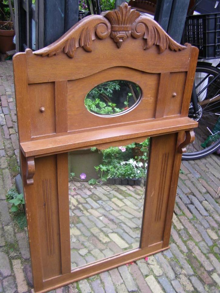 antieke schouwspiegel eiken, ovaal en rechthoekige, geslepen, Antiek en Kunst, Antiek | Spiegels, 50 tot 100 cm, 100 tot 150 cm