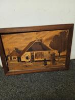 Houten kunstwerk, huisje en boom. Schilderij, Ophalen of Verzenden