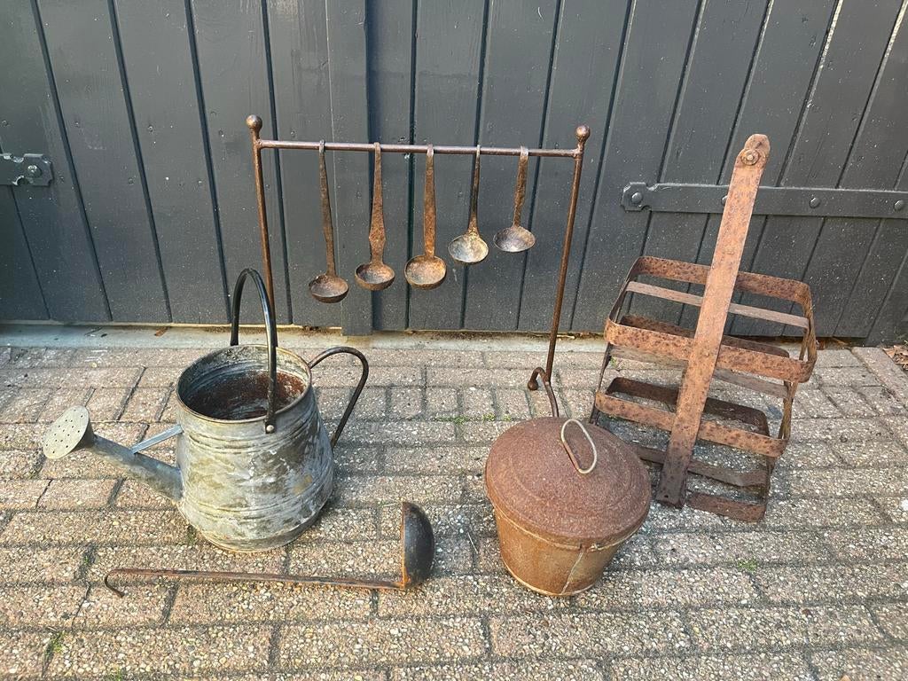 Zink tuin gieter, pollepels, flessenrek - decoratief tuin, Ophalen of Verzenden