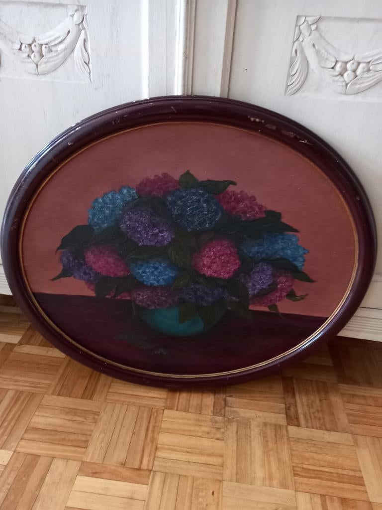 Schilderij hortensia's olieverf op paneel/ovaal, Antiek en Kunst, Ophalen of Verzenden