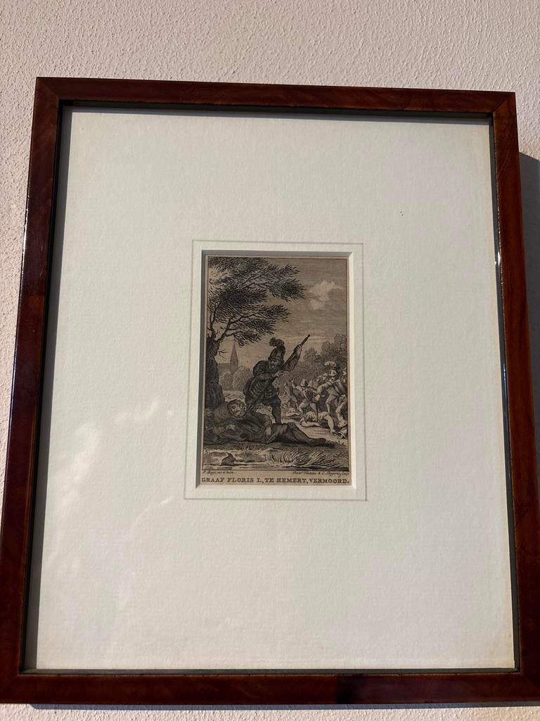 Ets Graaf Floris I, te Hemert, vermoord, Antiek en Kunst, Kunst | Etsen en Gravures, Ets, Ophalen of Verzenden, 1700 - 1799, Ingelijst