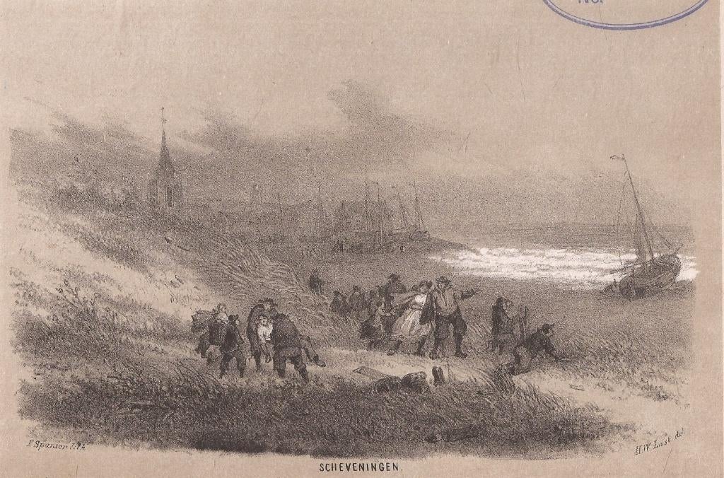 Scheveningen tijdens de storm van 28 mei 1860 Litho H.W.Last, Antiek en Kunst, Kunst | Etsen en Gravures, Ophalen of Verzenden
