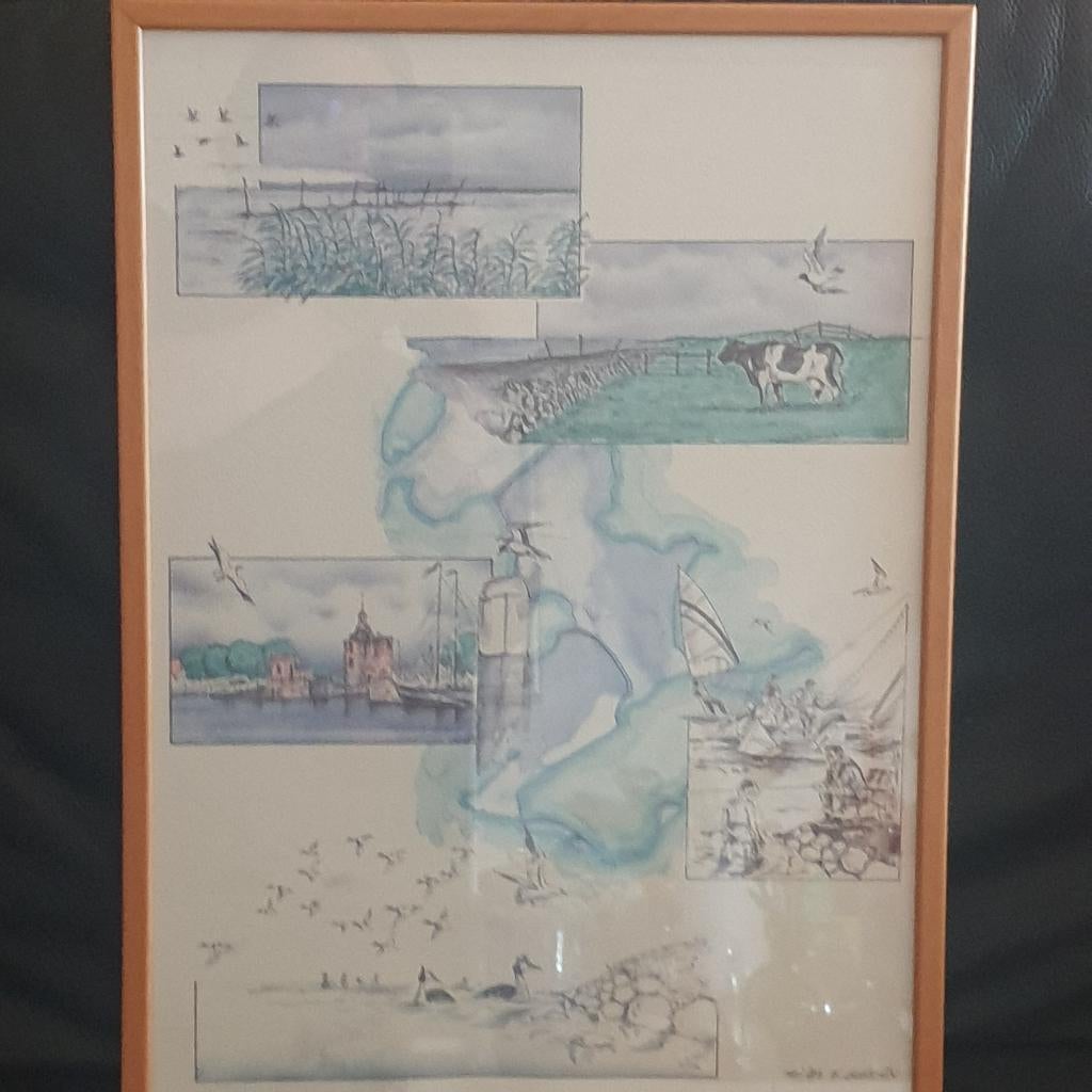 Aquarel IJsselmeer Enkhuizen F.Guerain, Antiek en Kunst, Kunst | Schilderijen | Klassiek, Ophalen of Verzenden