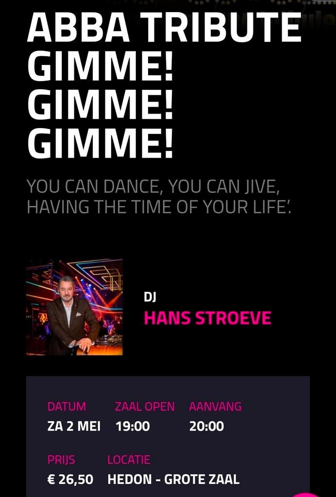 Twee kaartjes voor ABBA Tribute in het Hedon 2 mei 26, Twee personen