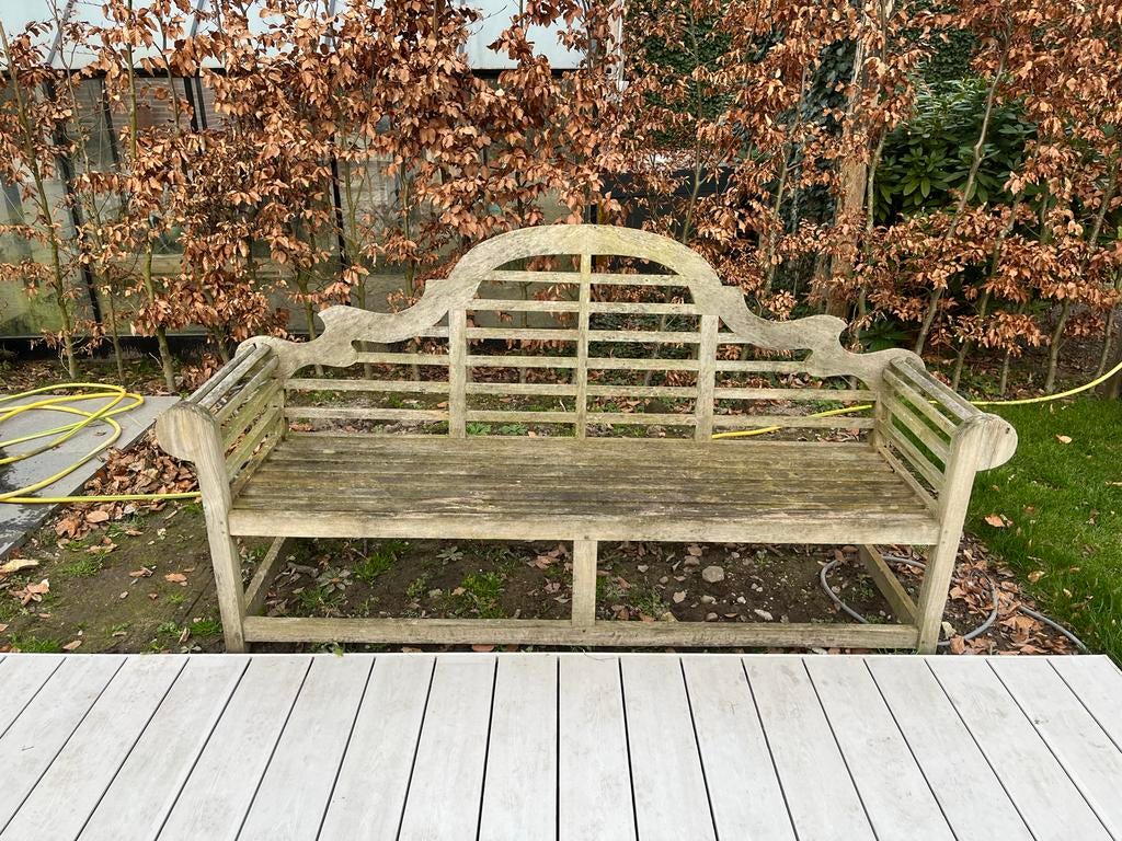 Gebruikte sierlijke teak tuinbank, Tuin en Terras, Ophalen, Gebruikt, Teakhout